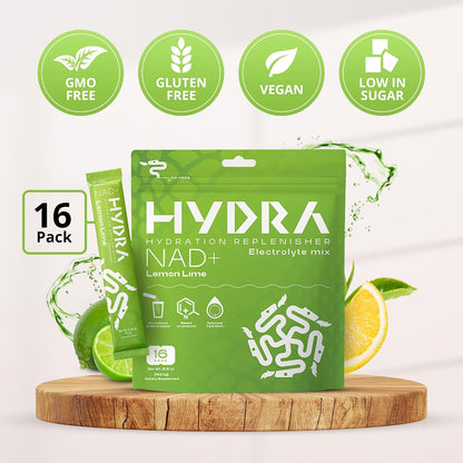 Hydra Powders NAD+ Nutrients Electrolyte Powder Sachets, Lemon & Lime - 16 Sachets