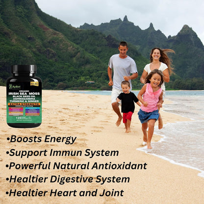 Organic Irish Sea Moss Capsules 120 Count – 16 in 1 Sea Moss Supplement with Black Seed Oil, Ashwagandha, Turmeric & Ginger, Bladderwrack & Burdock Root, Vitamin D3 – Organic, Vegan, Halal, Non-GMO