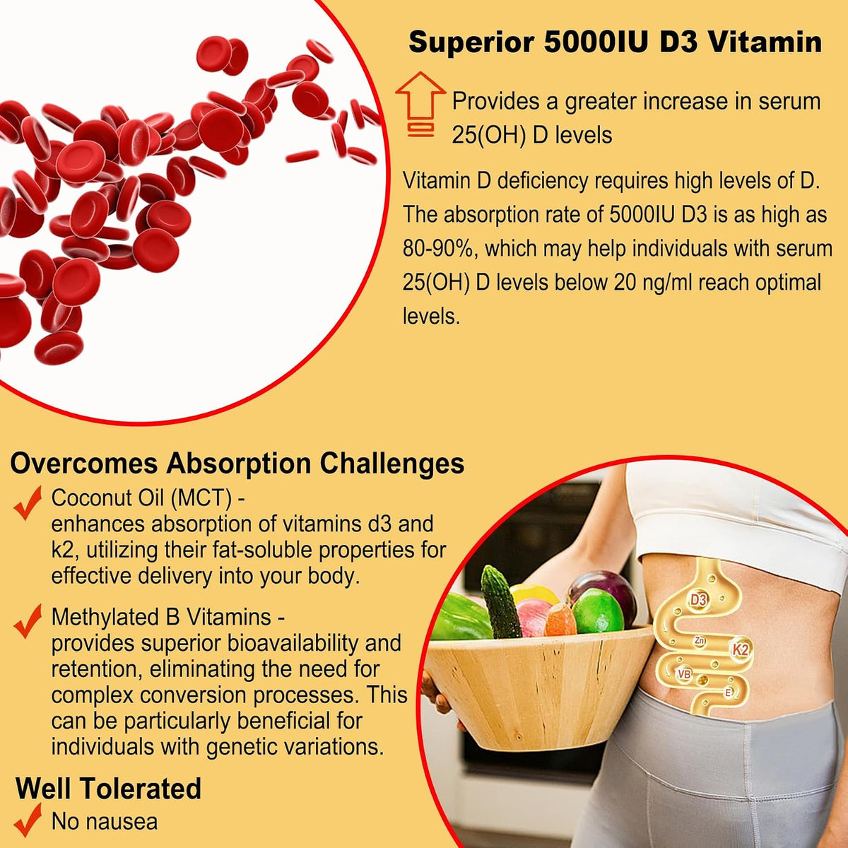 NEVISS Vitamin D3 5000IU + K2 (MK-7) 120mcg Gummies – Sugar Free, with Methylated B12, B9, B6, Vitamin E, Zinc & MCT Oil – Contributes to Bone & Immune Health, 1 Pack - görsel 5