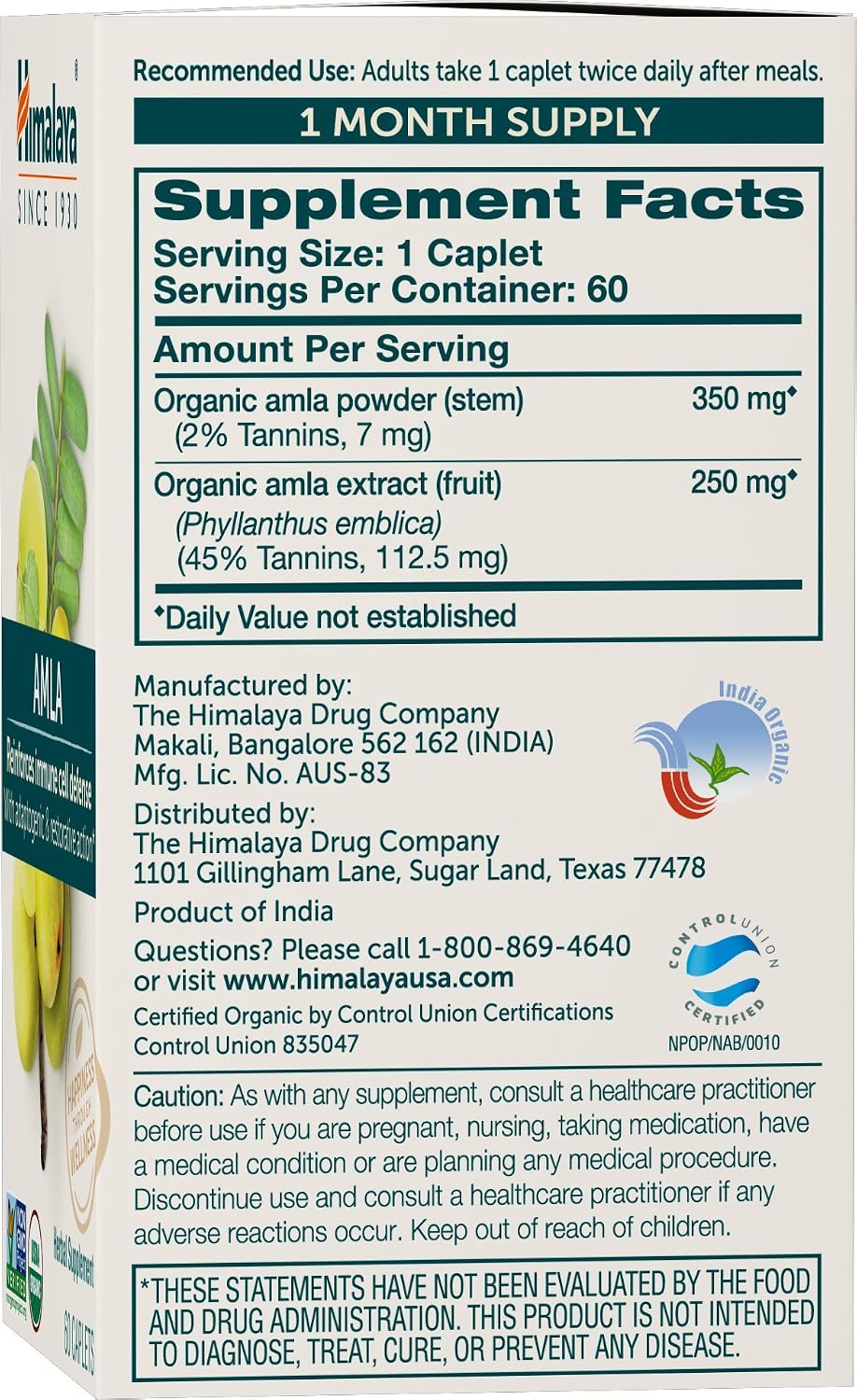 Himalaya Organic Amla - Herbal Immune Support, Adaptogen & Antioxidant - 600 mg, 60 Caplets - görsel 2