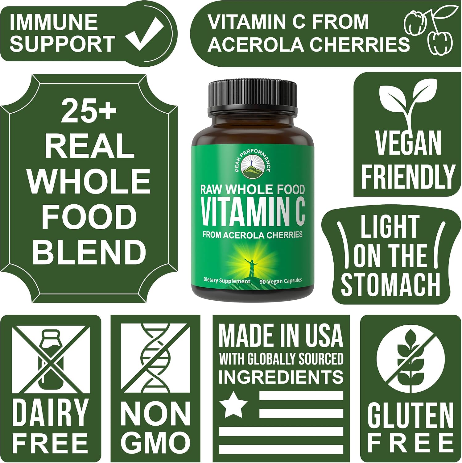Peak Performance Raw Whole Food Vitamin C – Acerola Cherry, 500 mg, 90 Capsules - görsel 3