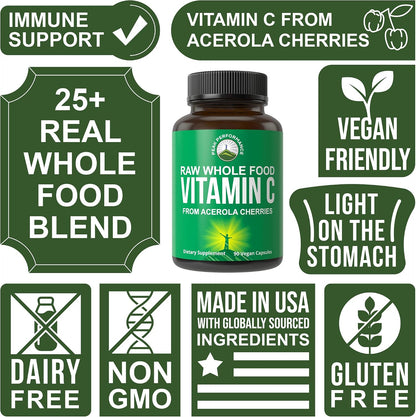 Peak Performance Raw Whole Food Vitamin C – Acerola Cherry, 500 mg, 90 Capsules
