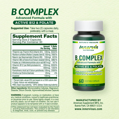 Bioactive B Complex with Active B12 & Folate – Contributes to Energy Metabolism, Brain & Nerve Function, 60 Vegan Capsules