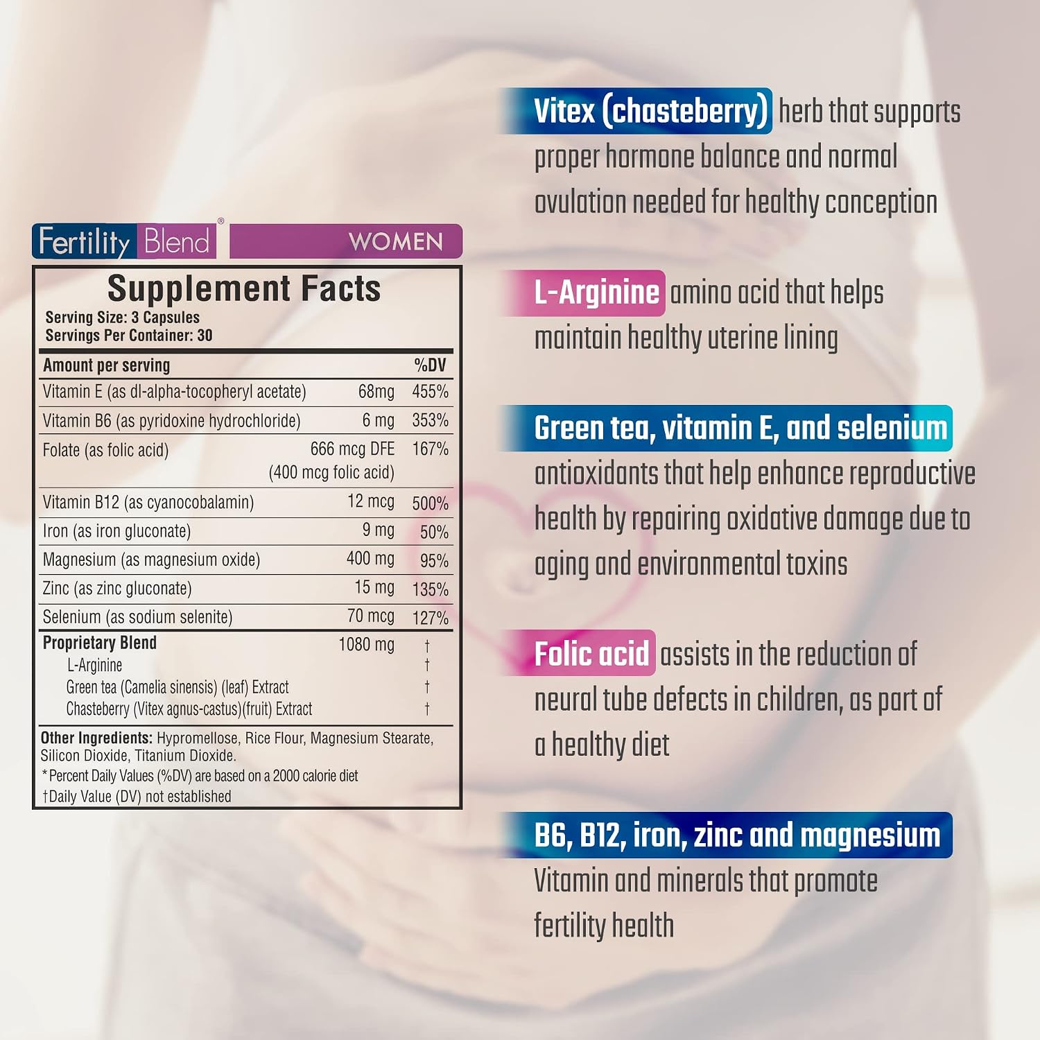 Fertility Blend Women's Fertility Supplements - Natural Conception Support with Vitex, Folic Acid & Antioxidants (90 Vegan Capsules, 30-Day Supply) - görsel 2
