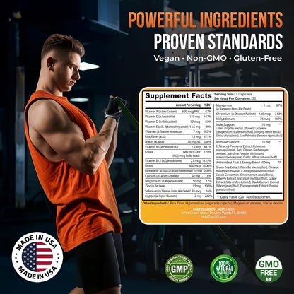 NutriTorch Multivitamin for Men – Adult Food Supplement with Vitamins A, C & D, Minerals & Antioxidants for Immune Support, Increased Energy & Mental Alertness (60 Capsules)