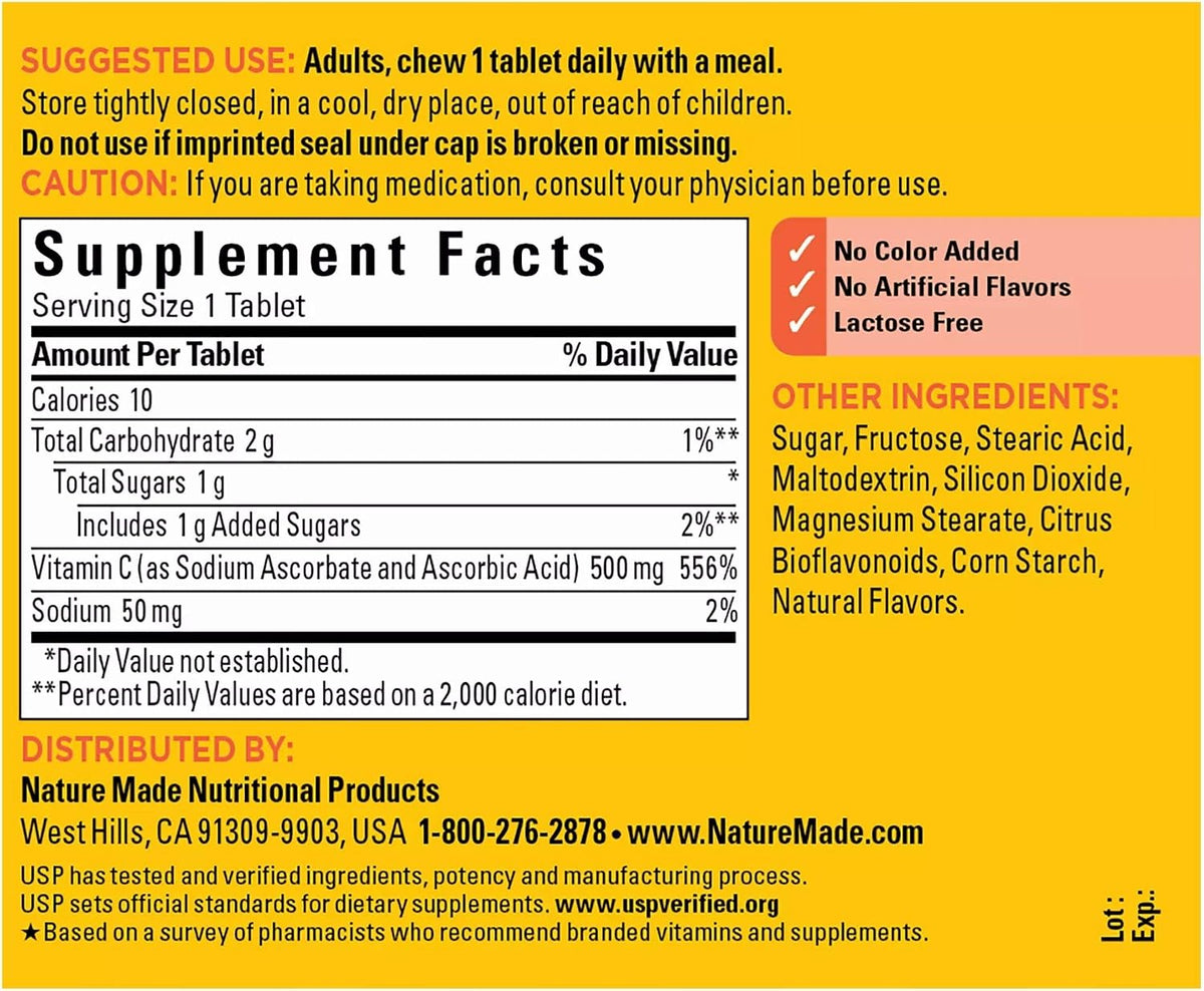 Nature Made Chewable Vitamin C 500 mg Tablets, 60 Count (Pack of 3) - görsel 2