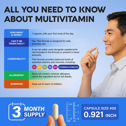 Multivitamin for Men - 46-in-1 with B-Complex & Whole Food Blend - Energy, Focus and Brain Health - 90 Capsules
