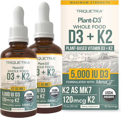 Organic Plant D3 + K2 (5000 IU D3 & 120 mcg K2) – All-Trans MK7 MenaQ7 – Sublingual Drops – Vegan & Organic