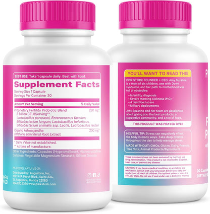 Pink Stork Fertility Support Probiotics with Ashwagandha – 30 Capsules