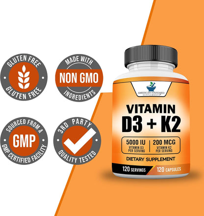 Vitamin D3 5000 IU with Vitamin K2 (MK7) 200mcg – 120 Capsules, Non-GMO, Gluten-Free
