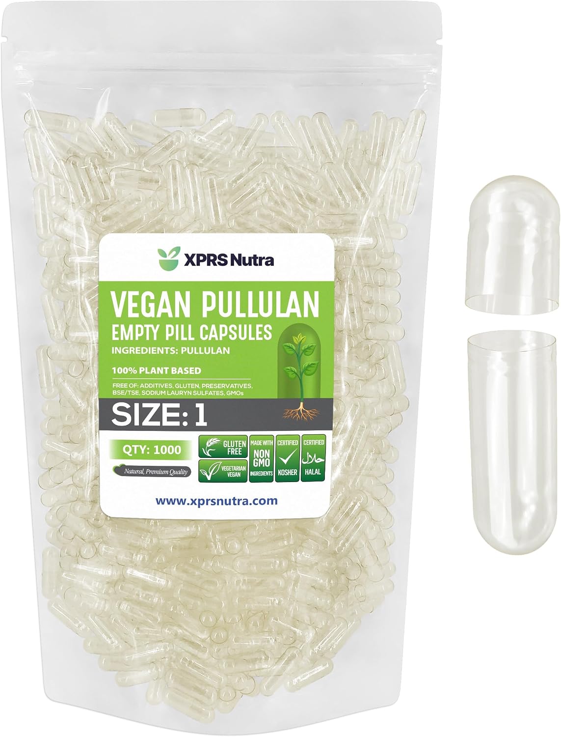 XPRS Nutra Size 1 Pullulan Empty Capsules - 1000 count | Vegan, Clean Label, Plant-Based - görsel 1