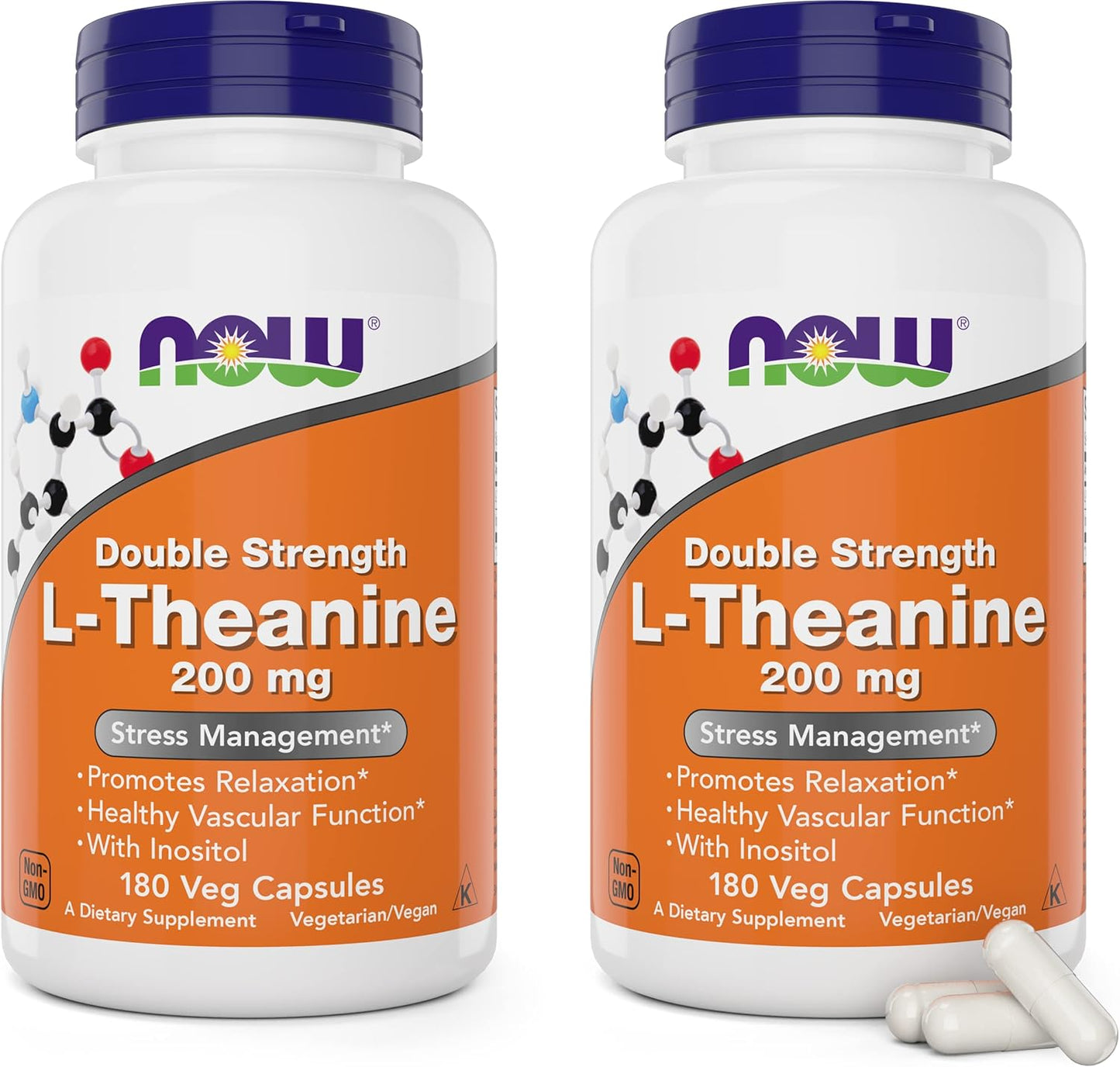 NOW Foods L-Theanine Double Strength 200 mg with Inositol - 180 Vegetable Capsules (Pack of 2) - görsel 1