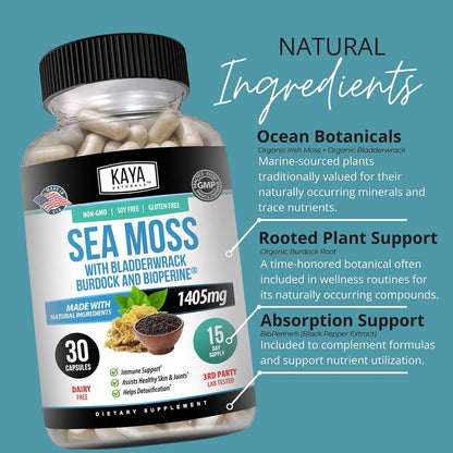 Kaya Naturals Sea Moss Mobility Supplement with BioPerine – 30 Veg Capsules