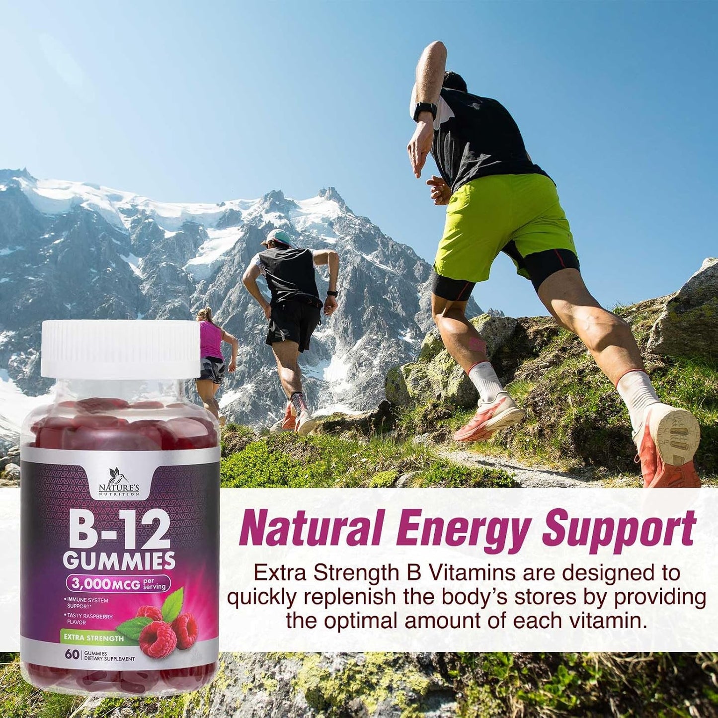 Vitamin B12 Energy Gummies - 3000 mcg Extra Strength - Berry Flavour - 60 Gummies - görsel 7
