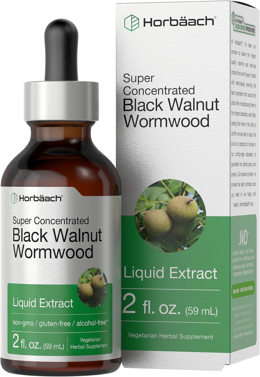 Horbäach Black Walnut Hull & Wormwood Extract Tincture - 59 ml, Alcohol-Free Liquid Supplement - görsel 1