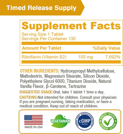 LOVITA Vitamin B2 (Riboflavin) 100mg, Timed Release, 8 Hours Sustained, 130 Vegan Tablets