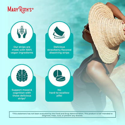 Mood & Cognition Dissolving Strips by MaryRuth's | Vitamin B12 | Vitamin B6 | Saffron | Folate | B Vitamins | Sugar Free | Strawberry Flavour | Vegan | Gluten-free | Dairy-free | 30 Strips