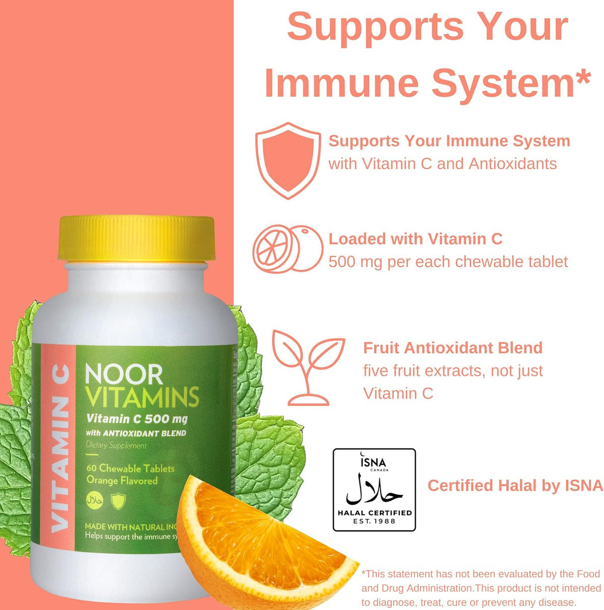 Noor Vitamins Vitamin C 500mg Chewable Tablets with Rose Hips – Orange Flavour, 60 Count - görsel 4