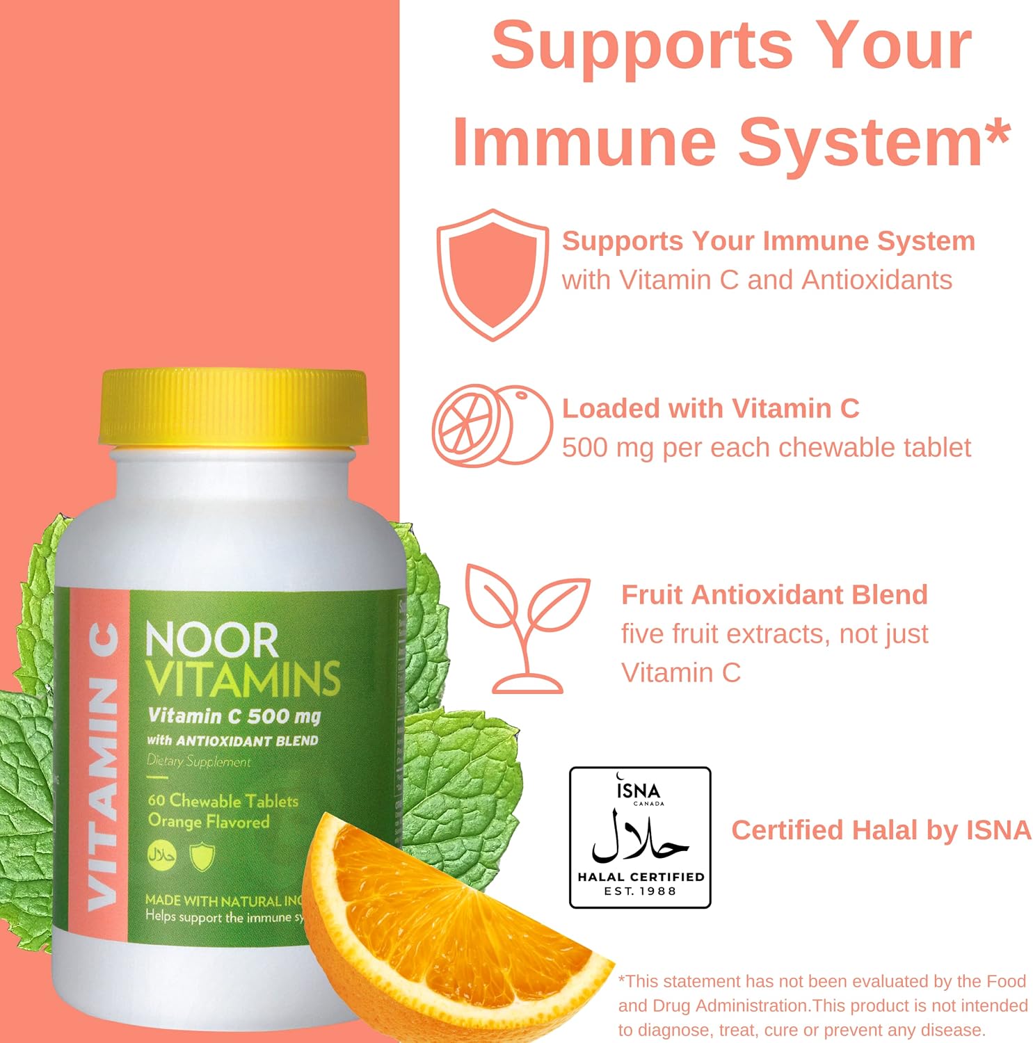 Noor Vitamins Vitamin C 500mg Chewable Tablets with Rose Hips – Orange Flavour, 60 Count - görsel 4