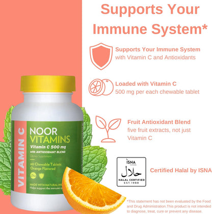 Noor Vitamins Vitamin C 500mg Chewable Tablets with Rose Hips – Orange Flavour, 60 Count