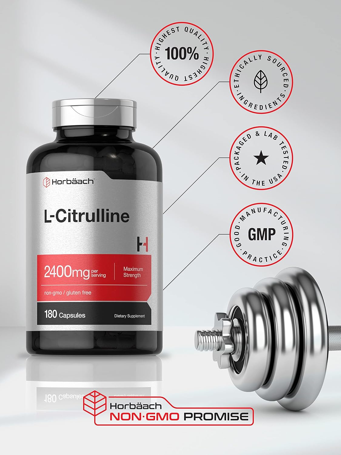 Horbaach L-Citrulline 2400mg – 180 Capsules – Maximum Strength Free Form Amino Acid Supplement - görsel 5