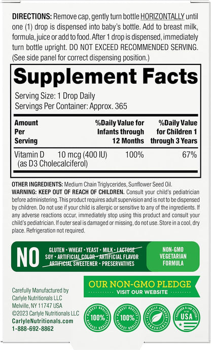Carlyle Baby Vitamin D3 Liquid Drops | 400 IU | 0.31 fl oz (9.2 mL) 1 Year's Supply | Vegetarian, Non-GMO, Gluten-free