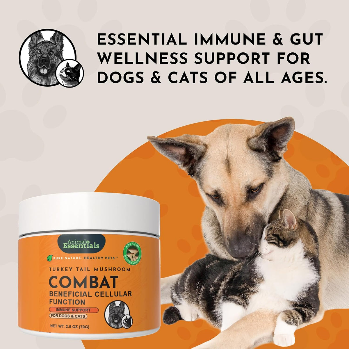 Animal Essentials Combat Turkey Tail Mushroom Supplement for Dogs & Cats – Organic Mushroom Powder Extract, Immune & Cognitive Support (70 g) - görsel 8
