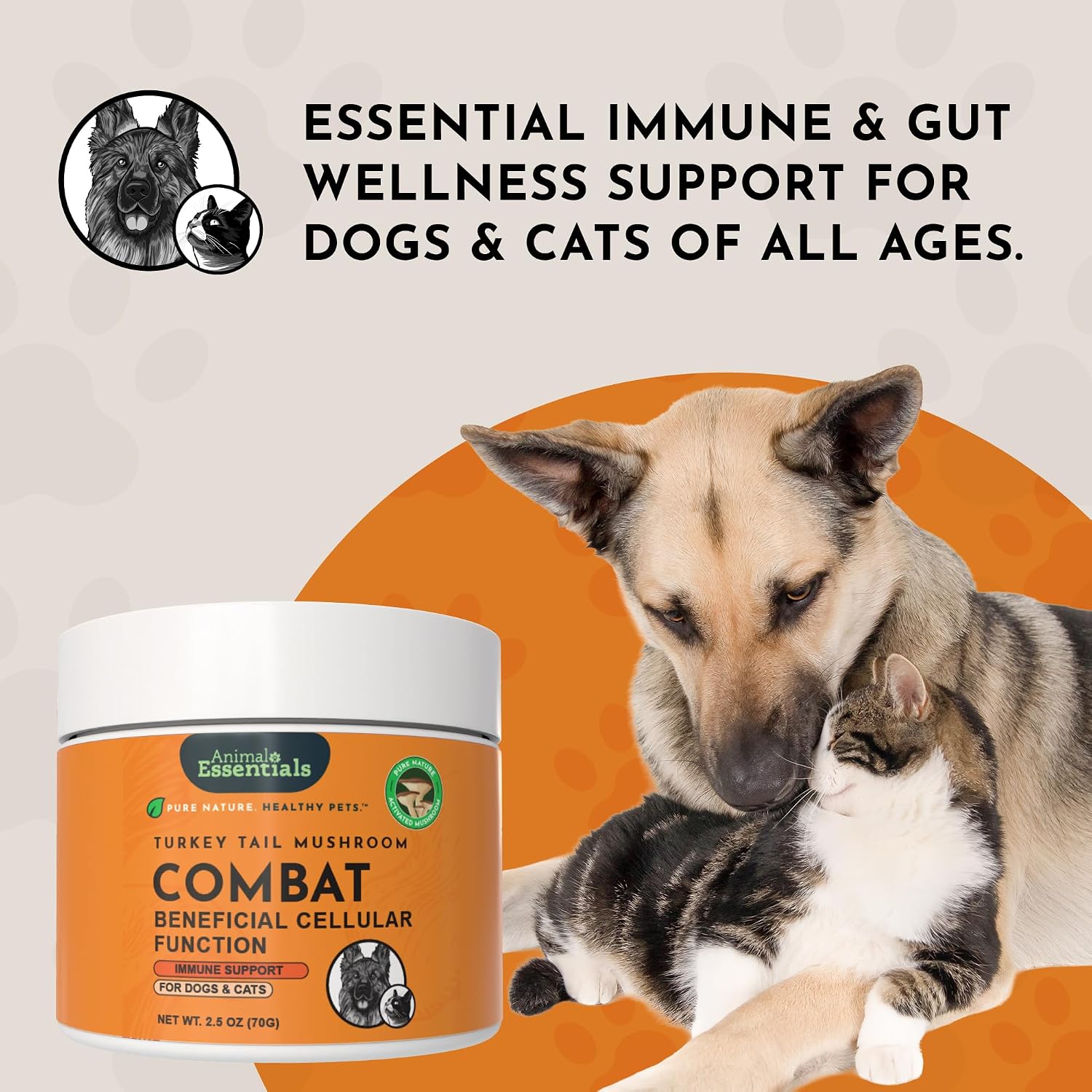 Animal Essentials Combat Turkey Tail Mushroom Supplement for Dogs & Cats – Organic Mushroom Powder Extract, Immune & Cognitive Support (70 g) - görsel 8