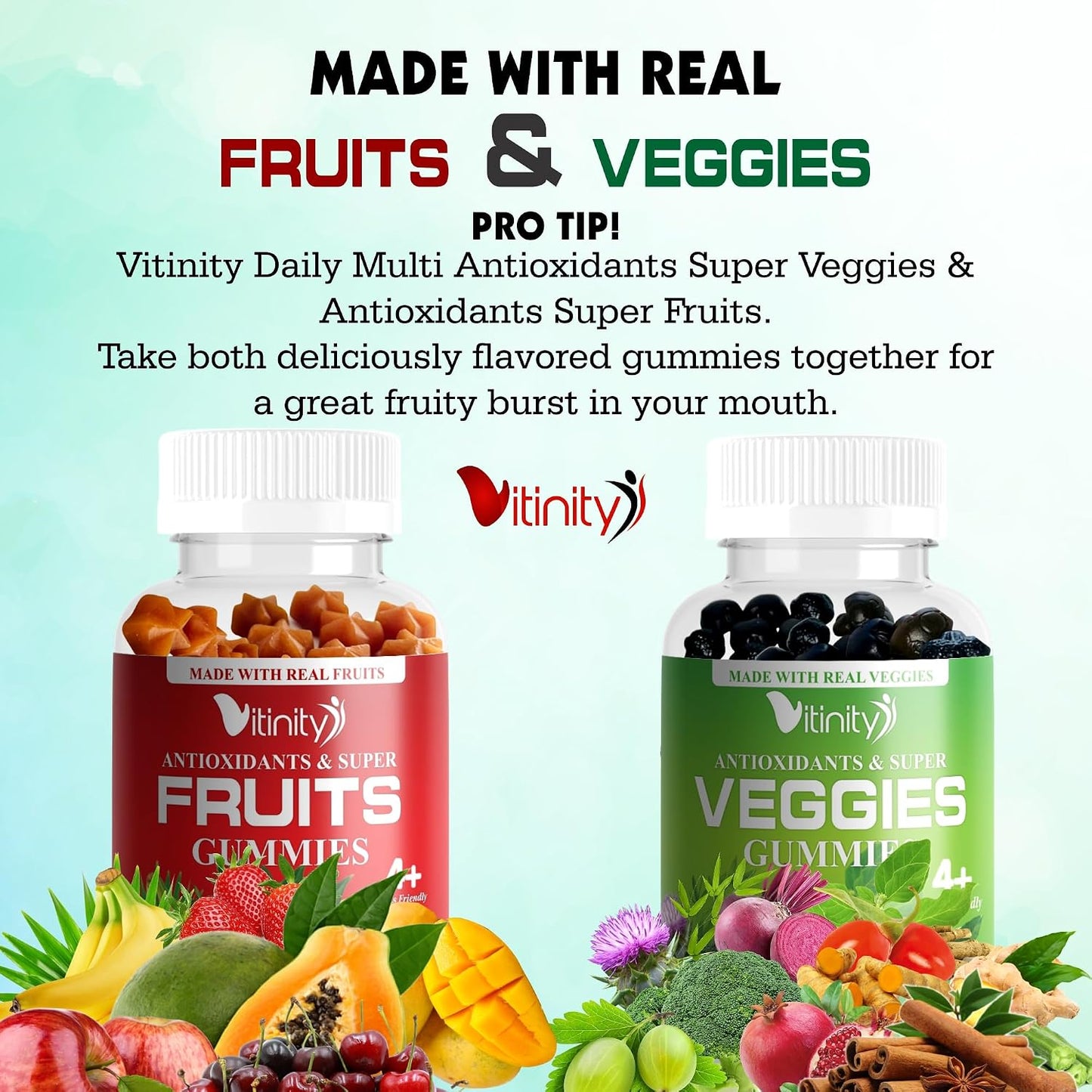 VITINITY Real Fruit and Veg Gummies - Superfood Food Supplement for Women, Men & Children - 60 Day Supply - görsel 7