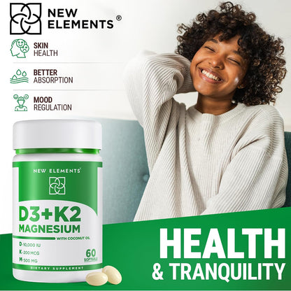 New Elements Vitamin D3 K2 10,000 IU with Magnesium Glycinate 500mg – Bone Health, Immune Support, Energy & Mood – Non-GM, Gluten-free, Sugar-Free Soft gel capsules for Women & Men (60 Soft gel capsules)