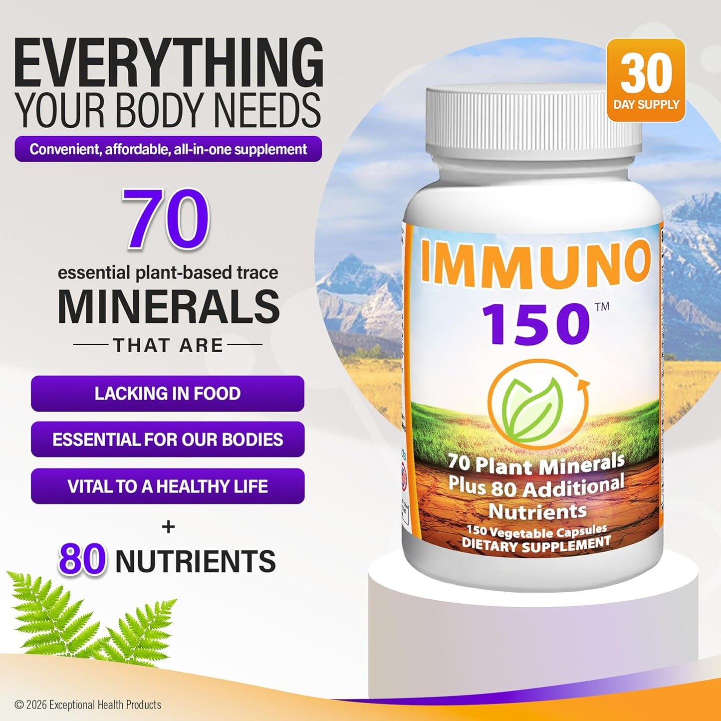 Immuno 150 – Immune Support Supplement with 70 Plant Minerals and 80 Nutrients (150 Vegetable Capsules) - görsel 2