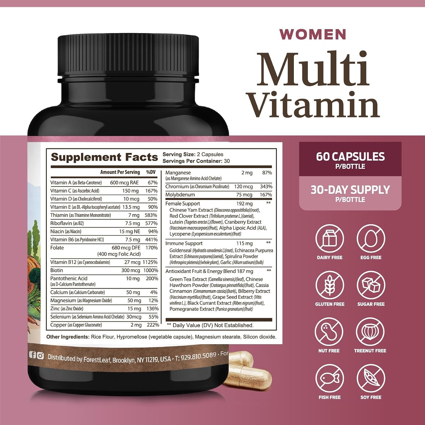 ForestLeaf Daily Multivitamin for Women - Over 20 Vitamins & Minerals, Energy Support, 60 Vegan Capsules - görsel 3
