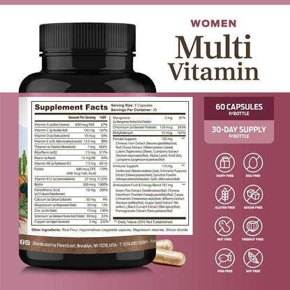 ForestLeaf Daily Multivitamin for Women - Over 20 Vitamins & Minerals, Energy Support, 60 Vegan Capsules