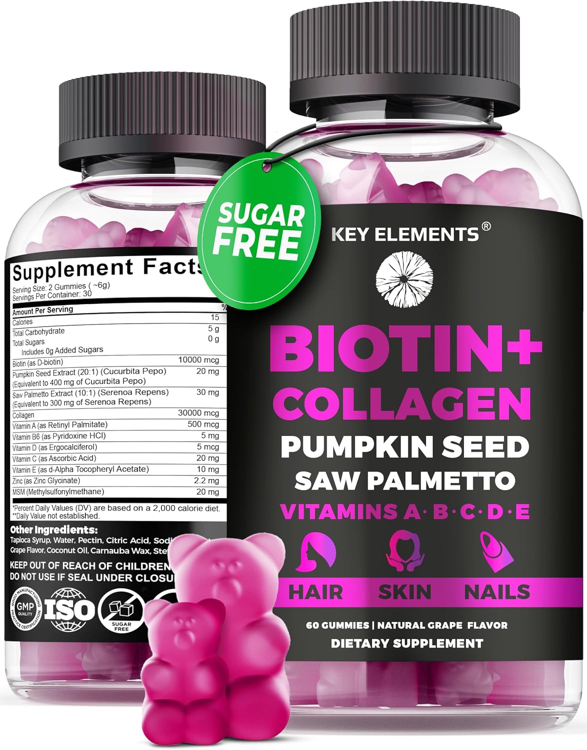 KEY ELEMENTS Biotin & Collagen Gummies – 10000mcg for Hair, Skin & Nails - görsel 1