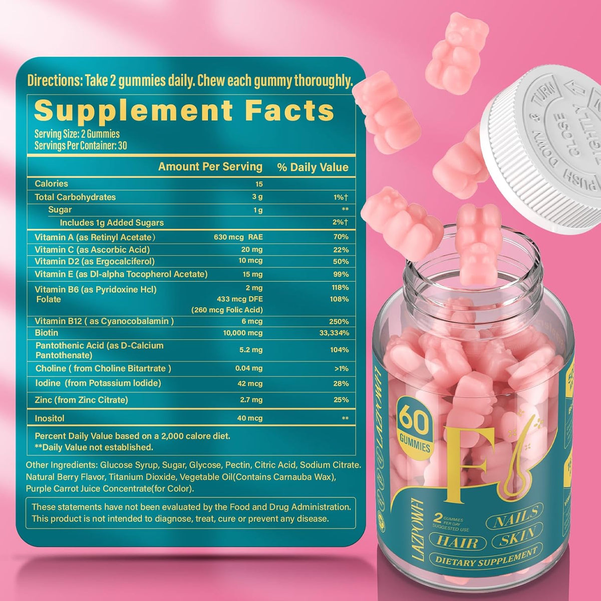 Lazpowfi Biotin Gummies - Hair Skin and Nails Vitamins for Men & Women, Vegan, 90-Day Supply (3 Pack) - görsel 6