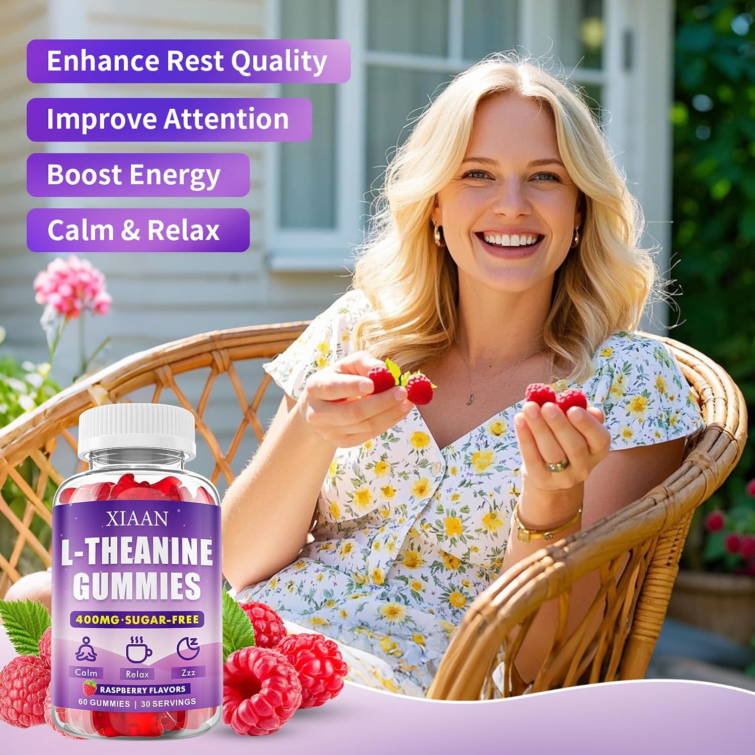 XIAAN L-Theanine Gummies for Kids & Adults, 400mg L-Theanine Supplement for Calm, Relaxation, and Sleep Support, Vegan, Organic, Raspberry Flavour, 60 Counts - görsel 3