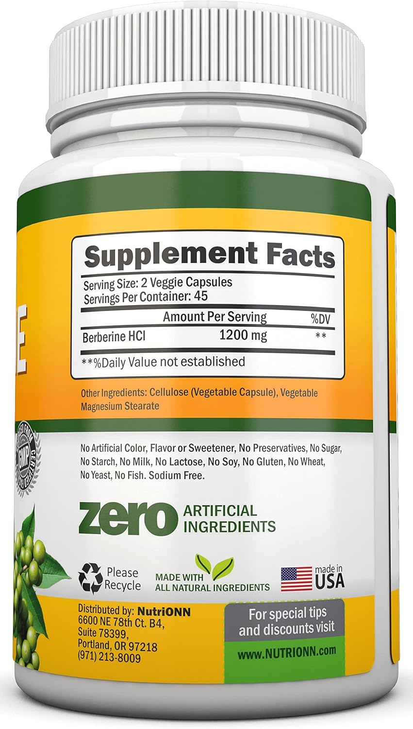 NutriONN Berberine 1200mg – 90 Vegetarian Capsules – Pure Berberine HCl Extract Supplement - görsel 2