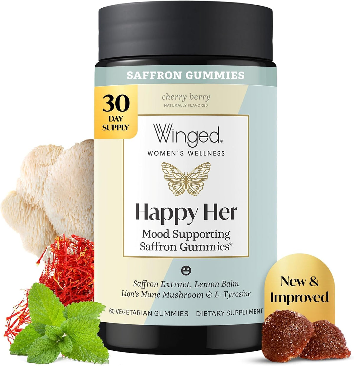 Winged Wellness Happy Her Mood Gummies – Daily Mood Enhancer for Women with Saffron, L-Tyrosine, Lemon Balm, and Lion's Mane – 60 Vegan Gummies - görsel 1
