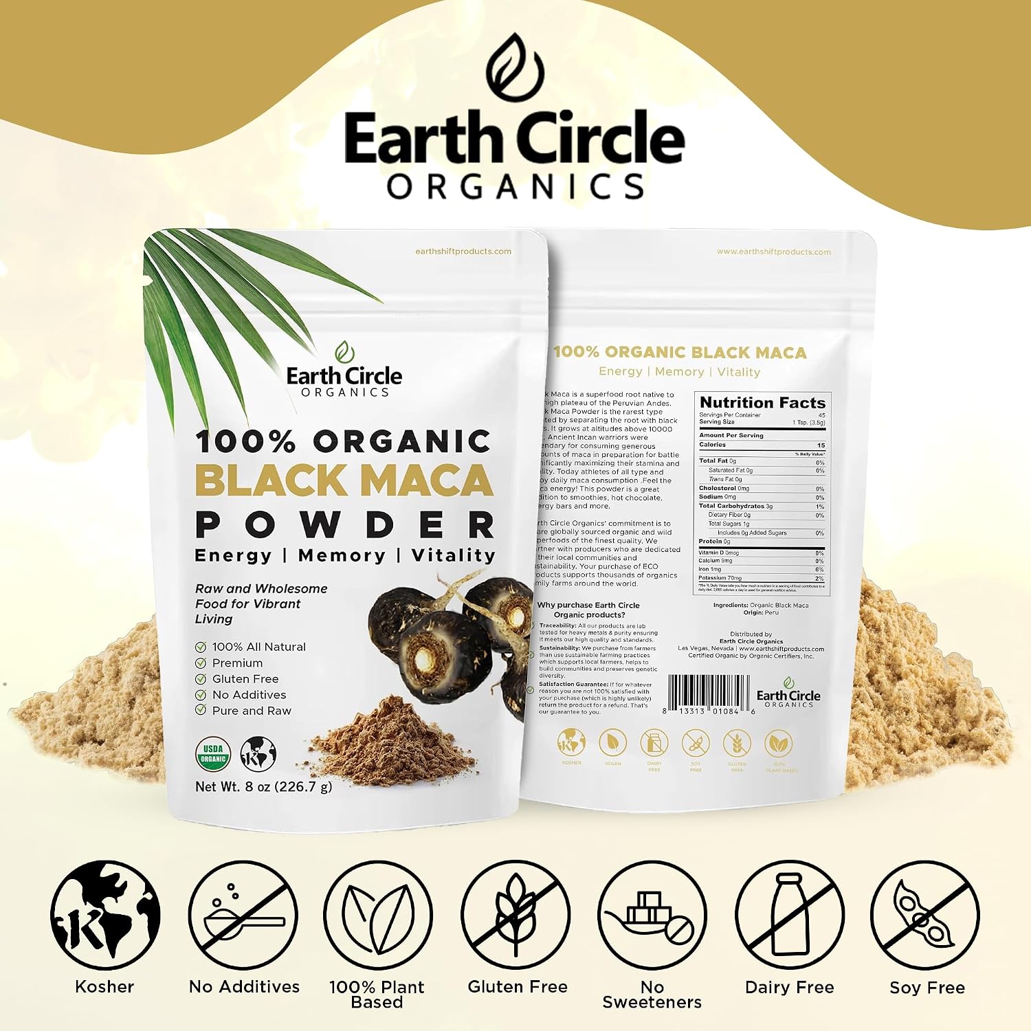 Earth Circle Organics Organic Black Maca Peruvian Root Powder – for Energy and Immune Support, 680g (3 x 227g bags) - görsel 7