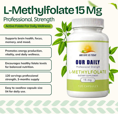 L-Methylfolate 15mg – Active 5-MTHF Methylated Folate Supplement for Brain Health, Focus and Mood Support