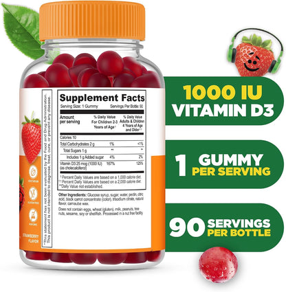 Lifeable Children's Vitamin D Gummies - Vitamin D3 1000 IU for Bone Health and Immune Support - 90 Gummies