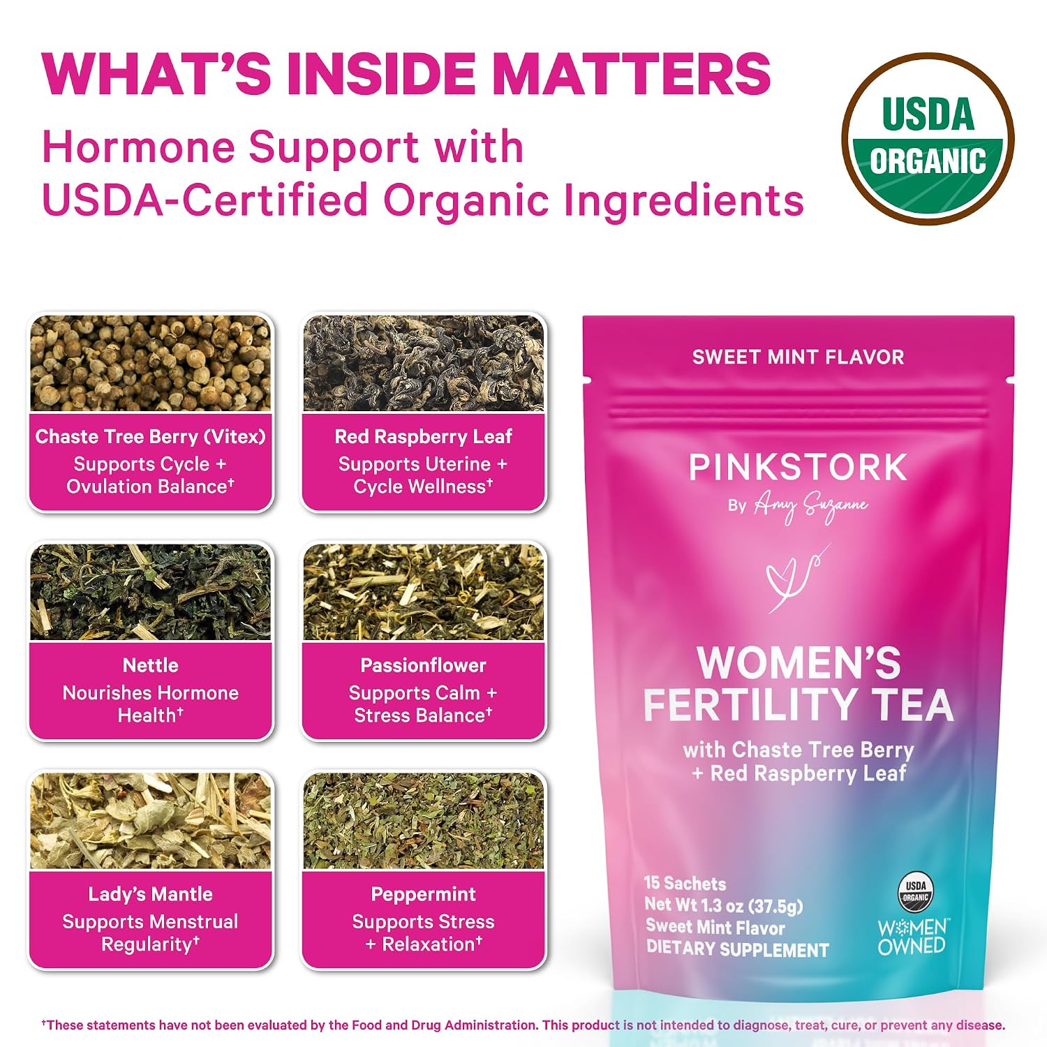 Pink Stork Organic Fertility Tea for Women, Sweet Mint, 15 Sachets | USDA Organic Herbs, Chaste Tree Berry (Vitex), Red Raspberry Leaf, Traditionally Used for Hormonal Balance, Caffeine Free, 30 Servings - görsel 3