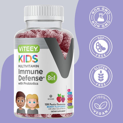 Viteey Kids Multivitamin Gummies with Probiotics - 8-in-1 Immune Support for Kids - Berry Flavoured - 120 Gummies