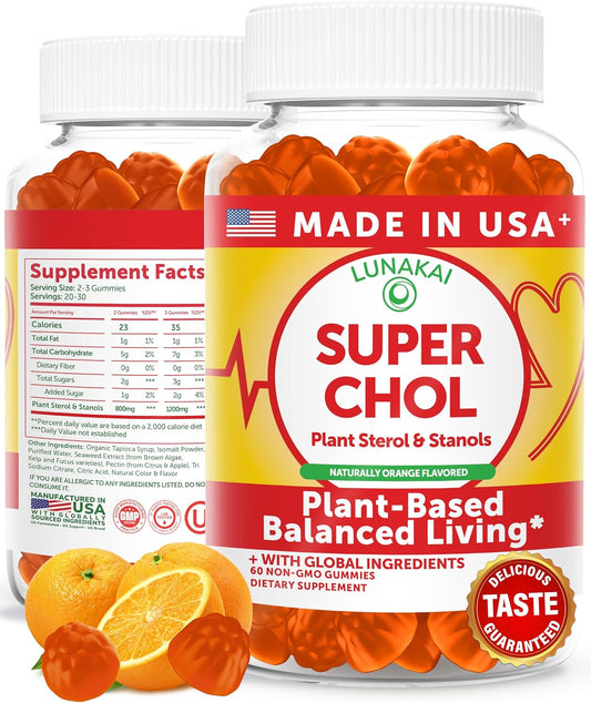 Lunakai Super Chol Gummies – 1200mg Plant Sterols & Stanols for Cholesterol Support, Orange Flavour, 60 Count