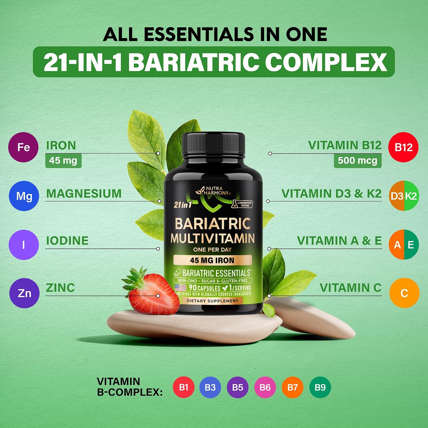 Bariatric Multivitamin - 45 mg Iron Supplement - Lab Tested - for Women and Men - All-in-One, 21 Essential Vitamins - Gastric Sleeve Support - Free of Sugar, Gluten and Soya - 90 Capsules, Once Daily - görsel 4