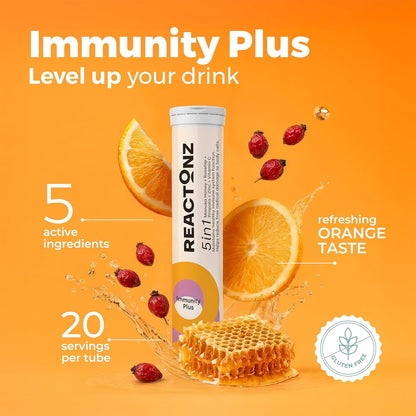 REACTONZ 5 in 1 Immunity Plus Effervescent Tablets – Immune Support with Vitamin C, Zinc, Manuka Honey, Rosehip & Propolis – Natural Orange Flavour – 20 Day Supply
