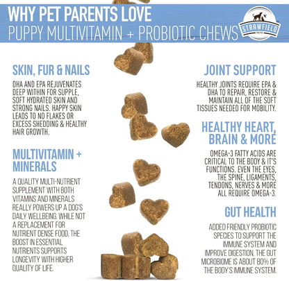Strawfield Pets Puppy Multivitamin + Probiotics with Joint Support, Peanut Butter Flavour, 120 Soft Chews