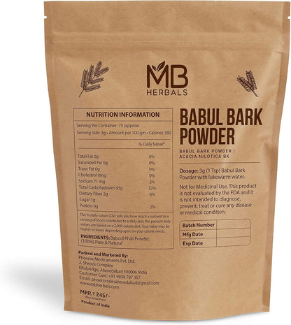 MB Herbals Babul Bark Powder - Wildcrafted Acacia Nilotica (227 g)