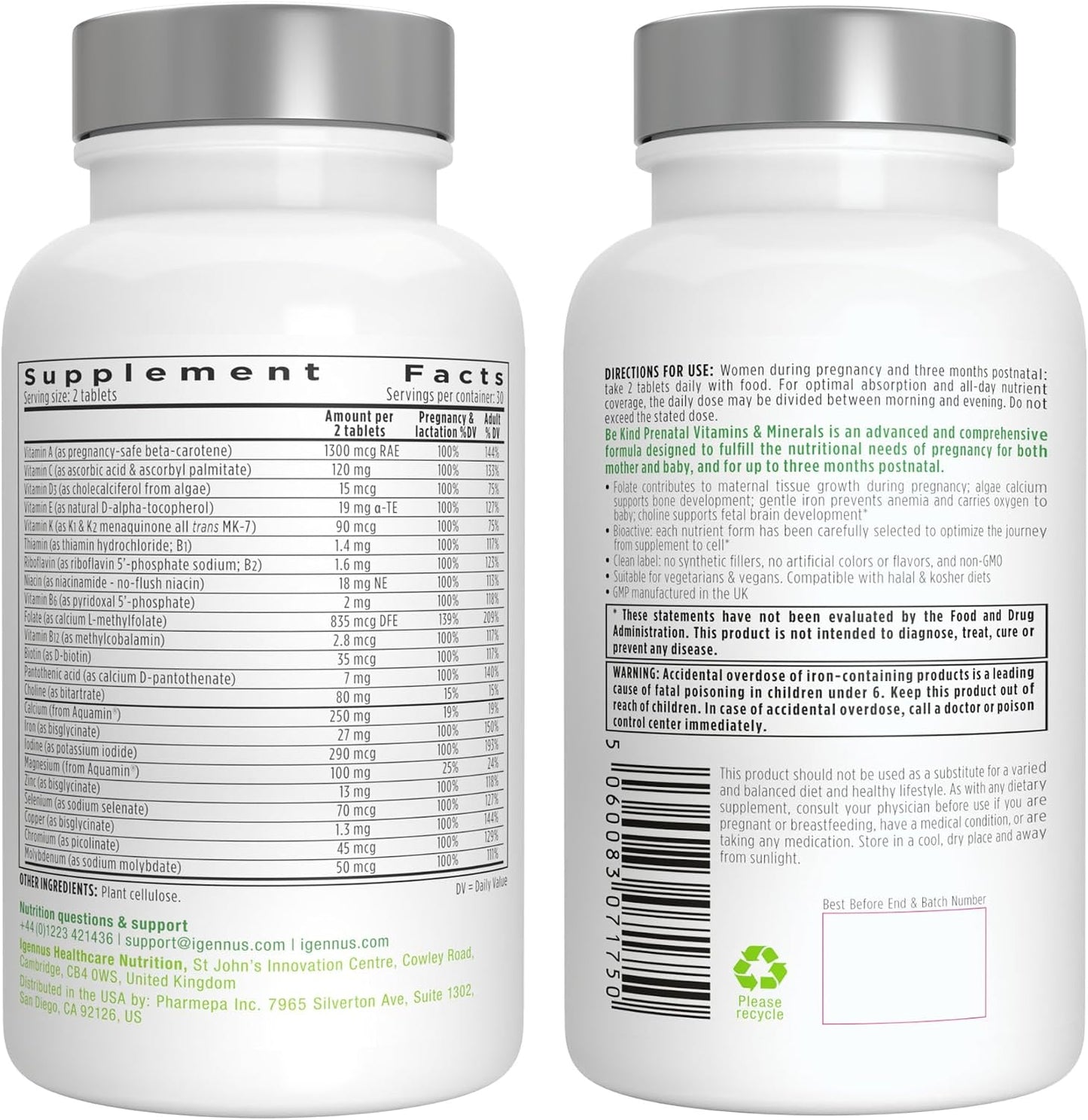 Igennus Methylated Prenatal Multivitamin for Women – Folate for MTHFR, High Absorption, Pure & Clean, Gentle Iron, Choline, Calcium & Magnesium, Vegan, Non-GMO, 60 Tablets - görsel 8