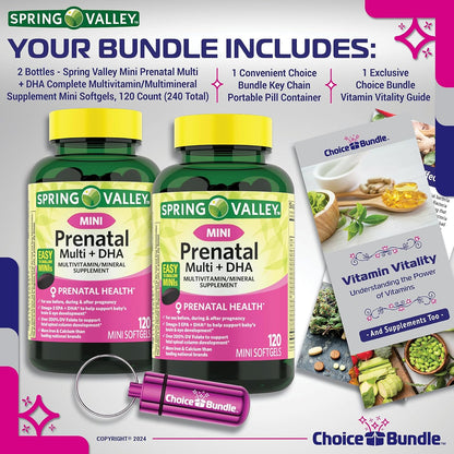 Spring Valley Prenatal Multi + DHA Complete Multivitamin Food Supplement – 2 Bottles of 120 Mini Soft gel capsules with Bonus Guide & Pill Container